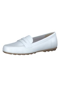 Valkoinen nahka loafer, jossa on pyöreä kärki, tikkausyksityiskohtia ja tekstiilipohja, jossa on pieniä pidikkeitä. Sujuva pinta, jossa on minimaalinen koristelu.