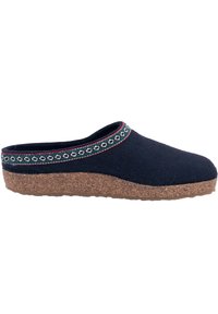 Woolen navy slipper with a rounded toe, cork sole, and decorative patterned stitching in green and red along the collar.
