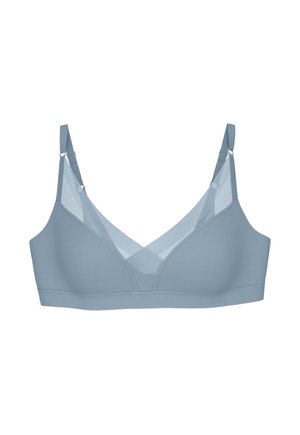 Hellblauer kabelloser BH mit verstellbaren Trägern und transparenten Netzpaneelen entlang der oberen Cups und Seiten.