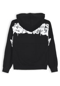 Felpa nera con superficie texture, che presenta una grande grafica in stile spray bianco sulla schiena e un cappuccio con coulisse.