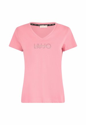 T-shirt rosa a maniche corte con scollatura a V, caratterizzato da un logo impreziosito da strass sul petto. Realizzato in cotone morbido, dal taglio casual.
