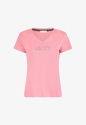 T-shirt rosa a maniche corte con scollatura a V, caratterizzato da un logo impreziosito da strass sul petto. Realizzato in cotone morbido, dal taglio casual.