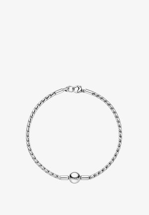 Bracciale in argento con un centro composto da una sfera liscia e rotonda, chiusura a gancio, su uno sfondo bianco.