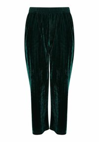 Groene fluwelen broek met een elastische tailleband, met een ontspannen pasvorm en rechte pijpen. Gladde textuur met een subtiele glans.