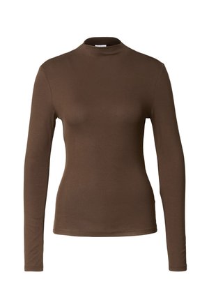 Top marrón de manga larga con cuello alto, confeccionado con un tejido liso y elástico. Presenta una silueta ajustada y un dobladillo sencillo sin adornos visibles.