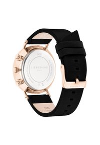 Uhr in Roségold mit einem Gehäuse aus Edelstahl, schwarzem Lederarmband und rundem Zifferblatt. Verfügt über eine glatte Oberfläche und einen sicheren Schnallenverschluss.