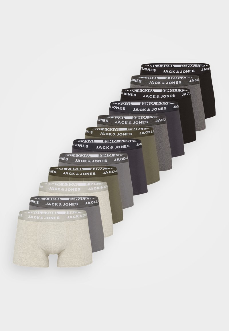 Zestaw 12 męskich bokserek w różnych kolorach: czarnym, szarym, oliwkowym i beżowym. Każda z nich ma elastyczny pas z logo "JACK & JONES".
