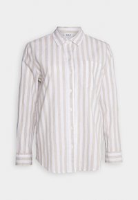Light brown and white striped long-sleeve shirt made of linen, featuring a button-down collar, front pocket, and button closure.