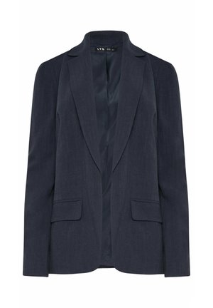 Blazer sartoriale blu navy scuro con rever a incavo, maniche lunghe e tasche frontali a pattina, completamente foderato.