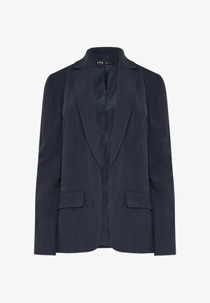 Blazer sartoriale blu navy scuro con rever a incavo, maniche lunghe e tasche frontali a pattina, completamente foderato.