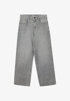 Szare jeansy o szerokich nogawkach, zapinane z przodu na guziki i zamek, z pięcioma kieszeniami i przeszytymi brzegami.