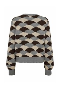 Pull en tricot beige, gris et marron avec un motif en vagues. Caractéristiques d'un col rond, de poignets et d'un ourlet côtelés. Vue de dos affichée.