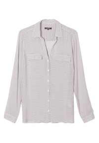 Camisa de manga larga y botón en color rosa claro con un patrón geométrico. Presenta dos bolsillos en el pecho y un cuello con solapa. Tejido de textura suave.