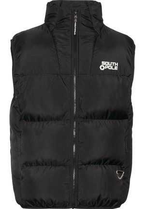 Gilet imbottito nero senza maniche con collo alto, zip frontale, tasche laterali con zip e logo "South Pole" sul petto sinistro.