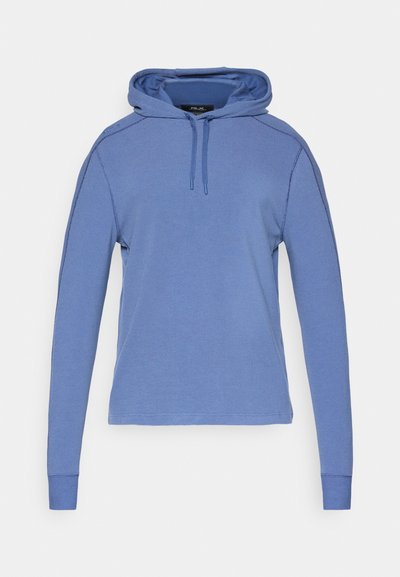 Sweatshirt azul com capuz feito de tecido texturizado. Apresenta mangas longas, um cordão no pescoço e punhos canelados.