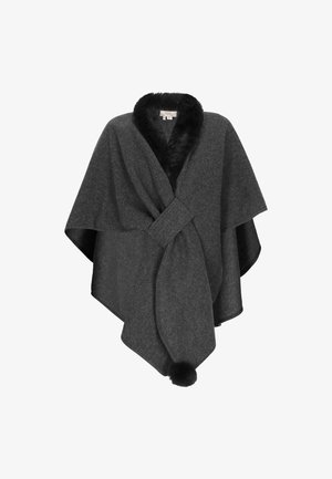 Szary poncho z wełny z domieszką, z czarnym sztucznym futrem przy kołnierzu, otwartym przodem i związanym detalem w talii; ma zaokrąglony dół i akcent w postaci pom-pom.