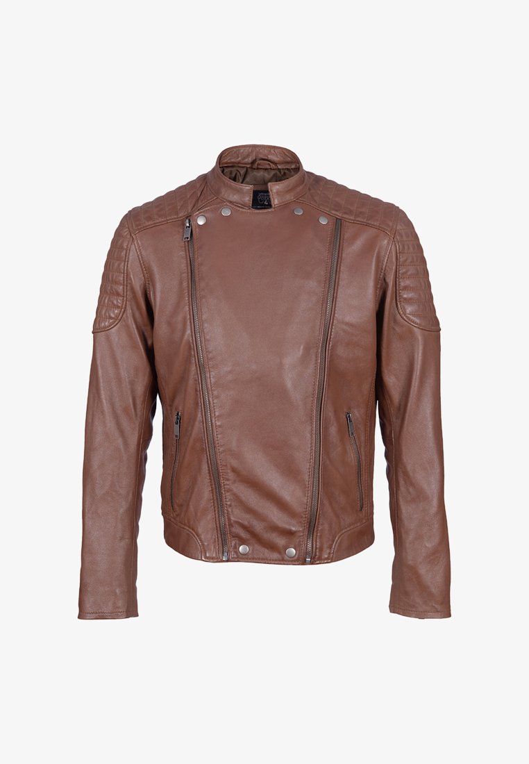 Veste en cuir marron de motard avec des accents matelassés aux épaules, deux poches zippées à l'avant et fermeture à pression, dotée d'une coupe ajustée.