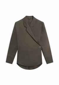 Dunkelolivgrüne Wickelbluse mit langen Ärmeln, asymmetrischer Vorderseite und einem Knopfverschluss, ausgestattet mit einem Reverskragen und abgerundetem Saum.