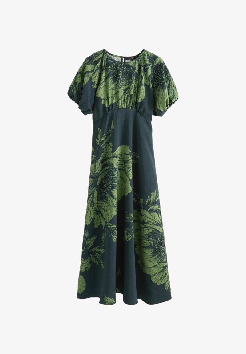Donkergroene midijurk met pofmouwen en grote lichtgroene bloemenprint.