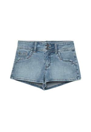 Svetlomodré riflové kraťasy so dvoma prednými vreckami, malým mincovníkovým vreckom, pútkami na opasok a dvojitým zapínaním na gombíky v páse.