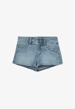 Světle modré džínové kraťasy s dvěma předními kapsami, malou kapsičkou na drobné, poutky na pásek a dvojitým zapínáním na knoflíky v pase.
