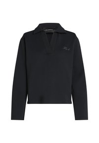 Black long-sleeve polo shirt with a V-neck, featuring a sleek design and a subtle embroidered logo on the chest. Soft, smooth fabric texture.