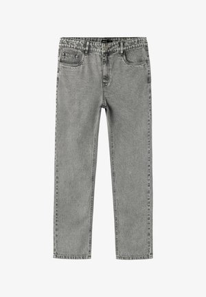 Jeans en denim gris avec une coupe droite, dotés de deux poches avant, d'une fermeture à bouton et d'une texture légèrement délavée.
