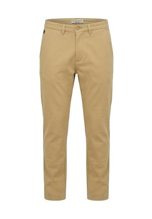 Men's beige slim-fit trousers with belt loops, front button, zip closure, and side pockets, from U.S. Polo Assn.