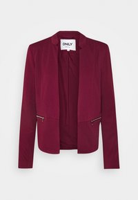 Blazer pour femme bourgogne avec des manches longues, une fermeture frontale ouverte, une coupe ajustée et des poches zippées de chaque côté.