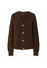 Tumedast pruunist karvane kardigan, millel on pikad varrukad, V-kaelus ja neli beeži nuppu ees.