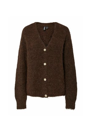 Donkerbruine fuzzy cardigan met lange mouwen, V-hals en vier beige knopen aan de voorkant.