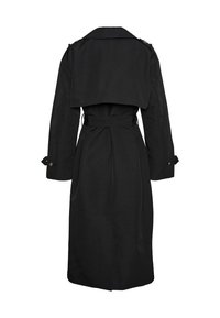 Palton lung negru cu curea în talie, clapetă de furtună pe spate, manșete cu nasturi și epoleți pe umeri, văzut din spate.