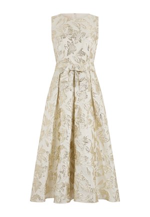 Sleeveless cream dress with gold floral jacquard pattern, fitted bodice, pleated A-line skirt, and matching fabric belt tied at the waist.