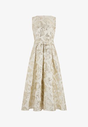 Sleeveless cream dress with gold floral jacquard pattern, fitted bodice, pleated A-line skirt, and matching fabric belt tied at the waist.