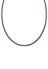Fläkt brun läderkabelhalsband, jämn textur, rund form, med en konsekvent tjocklek genom hela och utan synlig hårdvara eller accenter.