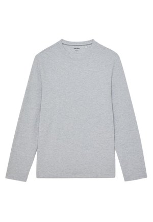 Tricou gri deschis cu mânecă lungă şi gât rotund, design simplu şi simplu, realizat din material moale, afișat pe fundal alb.