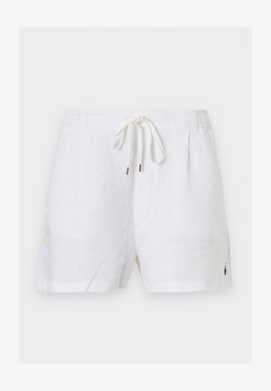 White linen shorts with elastic waistband and front drawstring, tailored fit, featuring small embroidered logo near hem.
