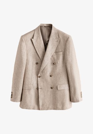 Beiger zweireihiger Blazer mit weitem Revers, sechs braunen Knöpfen, zwei vorderen Klappentaschen und einer Brusttasche aus strukturiertem Stoff.