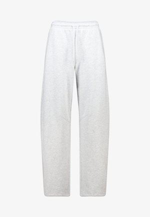 Pantalones de chándal grises hechos de una tela suave, con un corte relajado, cinturilla elástica con cordón y sutiles detalles de costura.
