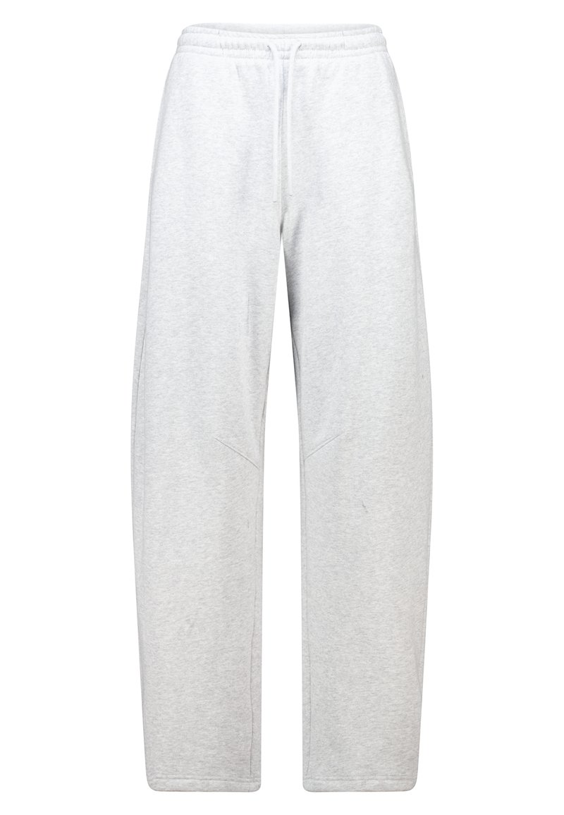 Pantalones de chándal grises hechos de una tela suave, con un corte relajado, cinturilla elástica con cordón y sutiles detalles de costura.