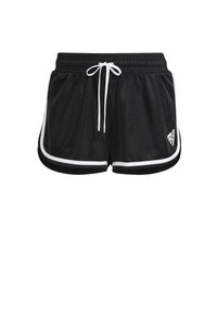 Mustat urheilushortsit, jotka on valmistettu kevyestä kankaasta. Niissä on valkoinen nyöritys, valkoinen sivupaneeli ja Adidas-logo oikeassa alareunassa.