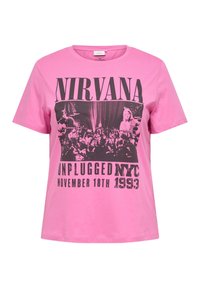Ροζ μπλουζάκι με μαύρο γραφικό που δείχνει το συγκρότημα Nirvana να πραγματοποιεί unplugged συναυλία, με κείμενο "Nirvana Unplugged NYC 18 Νοεμβρίου 1993."