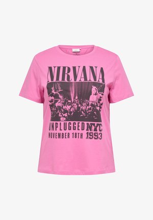 Rosa T-shirt med svart grafik som visar Nirvana-bandet uppträda unplugged, texten "Nirvana Unplugged NYC 18 november 1993."