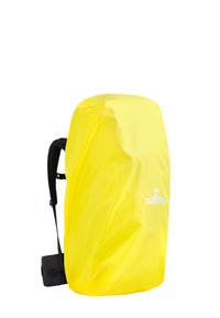 Geel waterdichte rugzakhoes met een semi-transparant ontwerp en logo. Heeft verstelbare schouderbanden en een compact formaat voor gebruik in de buitenlucht.