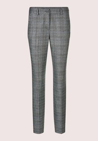 Grijze geruite broek met een op maat gemaakte pasvorm, met een vlakke voorkant, riemlussen en een enkele knoopsluiting. Gestructureerde stof met een gladde afwerking.