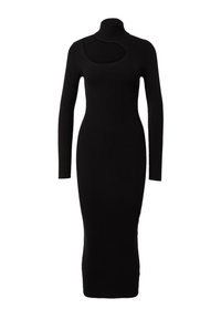 Schwarzes, geripptes Strickkleid mit hohem Kragen und Ausschnittdetail an der Schulter. Figurbetonte Silhouette und lange Ärmel. Glatte Textur.