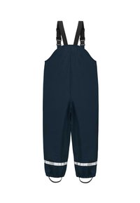 Wasserdichte marineblaue Latzhose mit verstellbaren schwarzen Trägern, elastischen Bündchen und reflektierenden silbernen Streifen an den Knöcheln für bessere Sichtbarkeit.