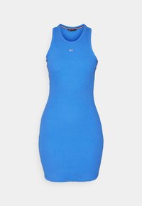 Dopasowana bezrękawnikowa niebieska mini sukienka z okrągłym dekoltem i małym logo umieszczonym na środku klatki piersiowej.