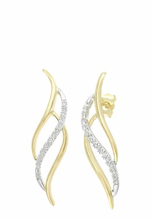 Kullast ja hõbedast lainekujundusega kõrvarõngad, kus on ühel lainel rida selgeid sädelevat kive ning sile ja poleeritud viimistlus.