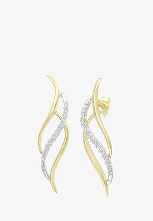 Ohrstecker mit Wellen-Design in Gold und Silber, die entlang einer Welle eine Reihe klarer, funkelnder Steine zeigen, mit einer glatten, polierten Oberfläche.